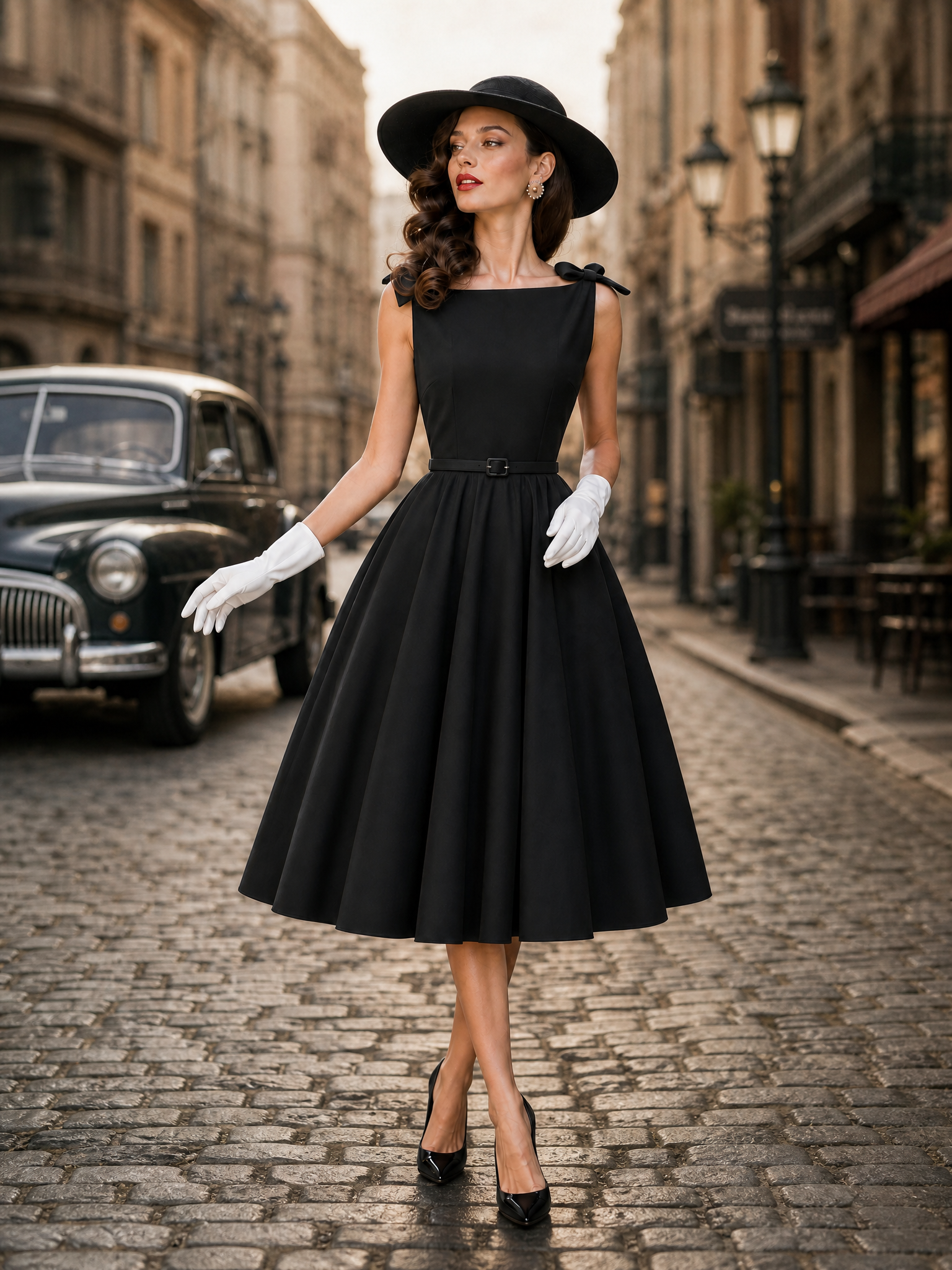 1950s Retro Elegant Black A-Line Cocktail Midi Dress