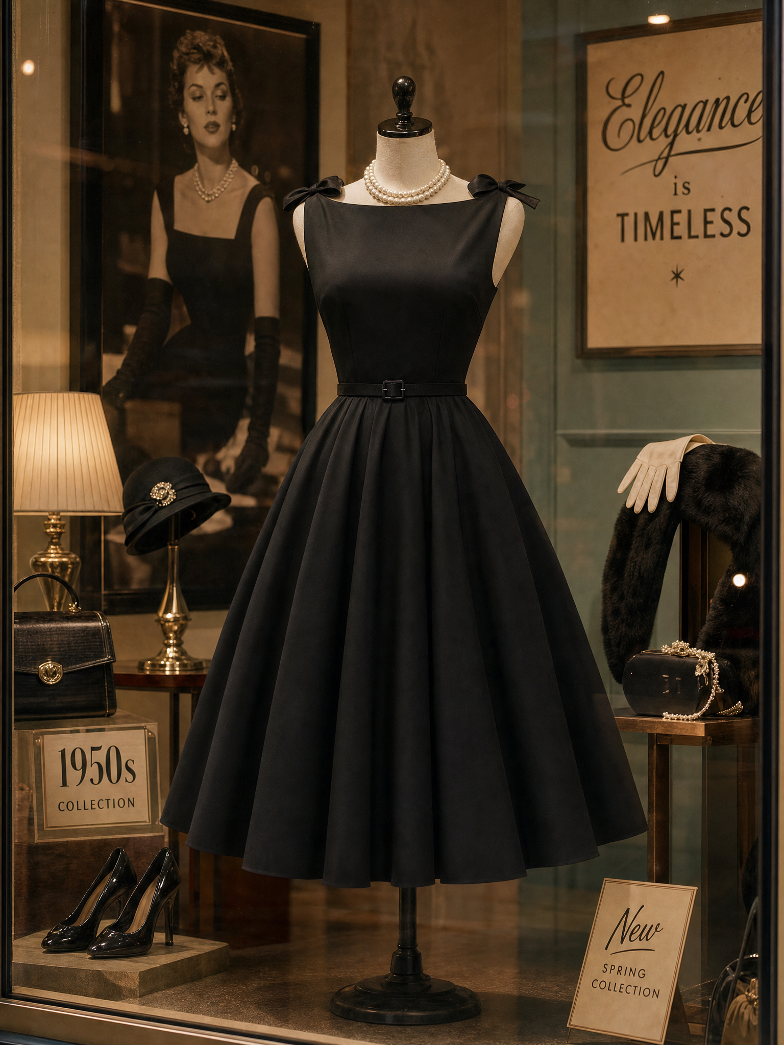 1950s Retro Elegant Black A-Line Cocktail Midi Dress