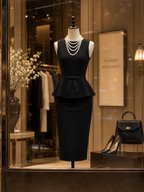 Vintage Black Sleeveless Top & High-Waist Pencil Midi Skirt Set