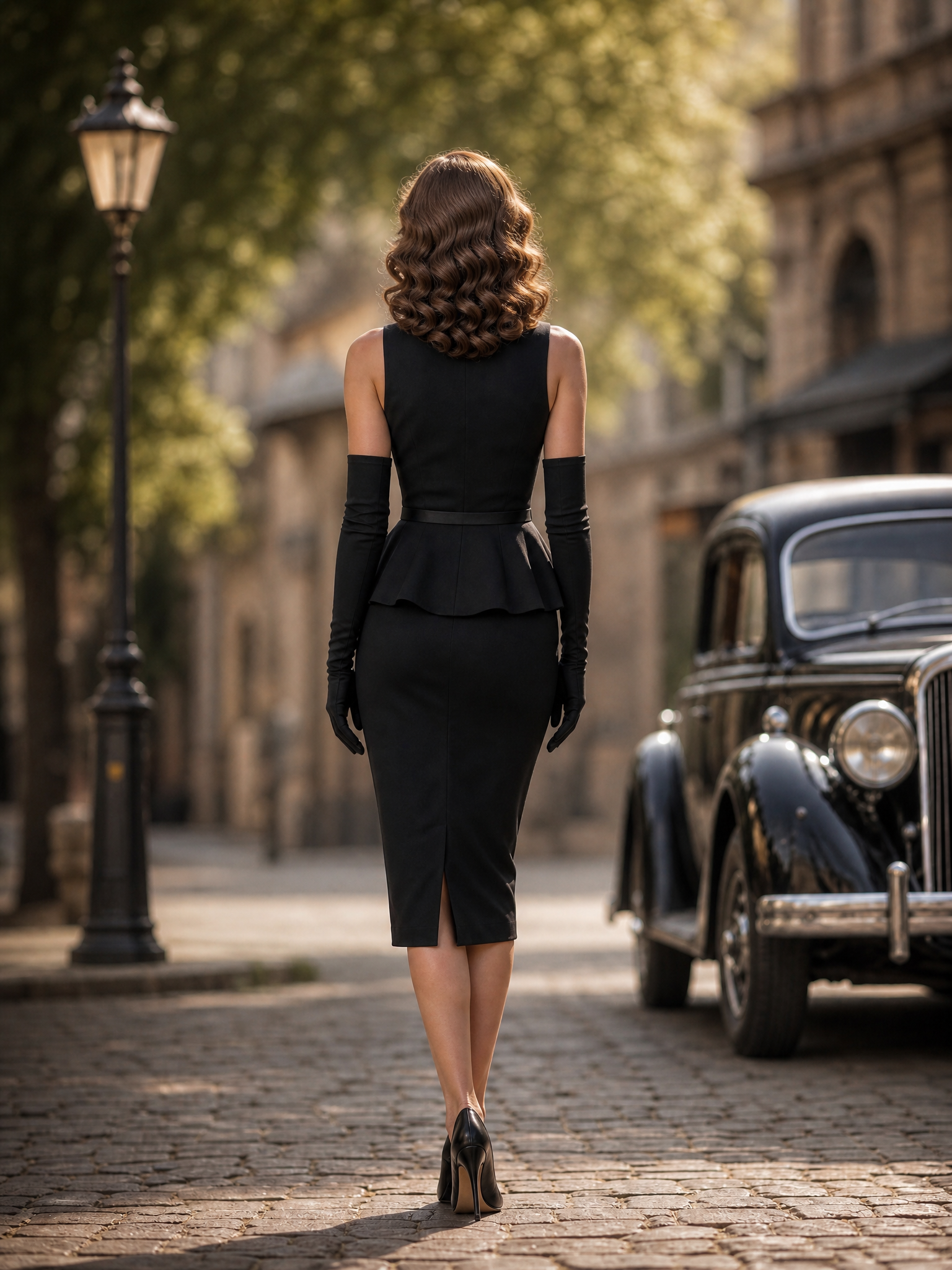 Vintage Black Sleeveless Top & High-Waist Pencil Midi Skirt Set