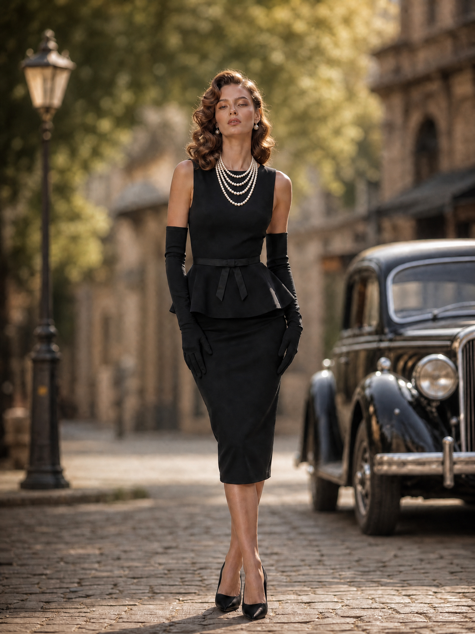 Vintage Black Sleeveless Top & High-Waist Pencil Midi Skirt Set