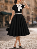 Vintage Black Bow-Tie Belted Fit-and-Flare Midi Dress