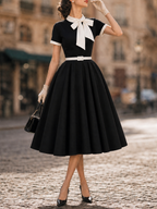 Vintage Black Bow-Tie Belted Fit-and-Flare Midi Dress
