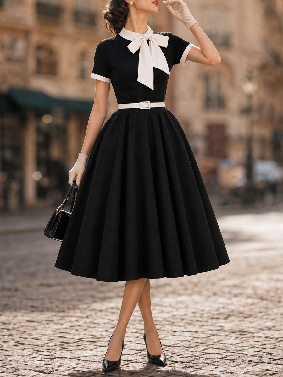 Vintage Black Bow-Tie Belted Fit-and-Flare Midi Dress