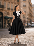 Vintage Black Bow-Tie Belted Fit-and-Flare Midi Dress