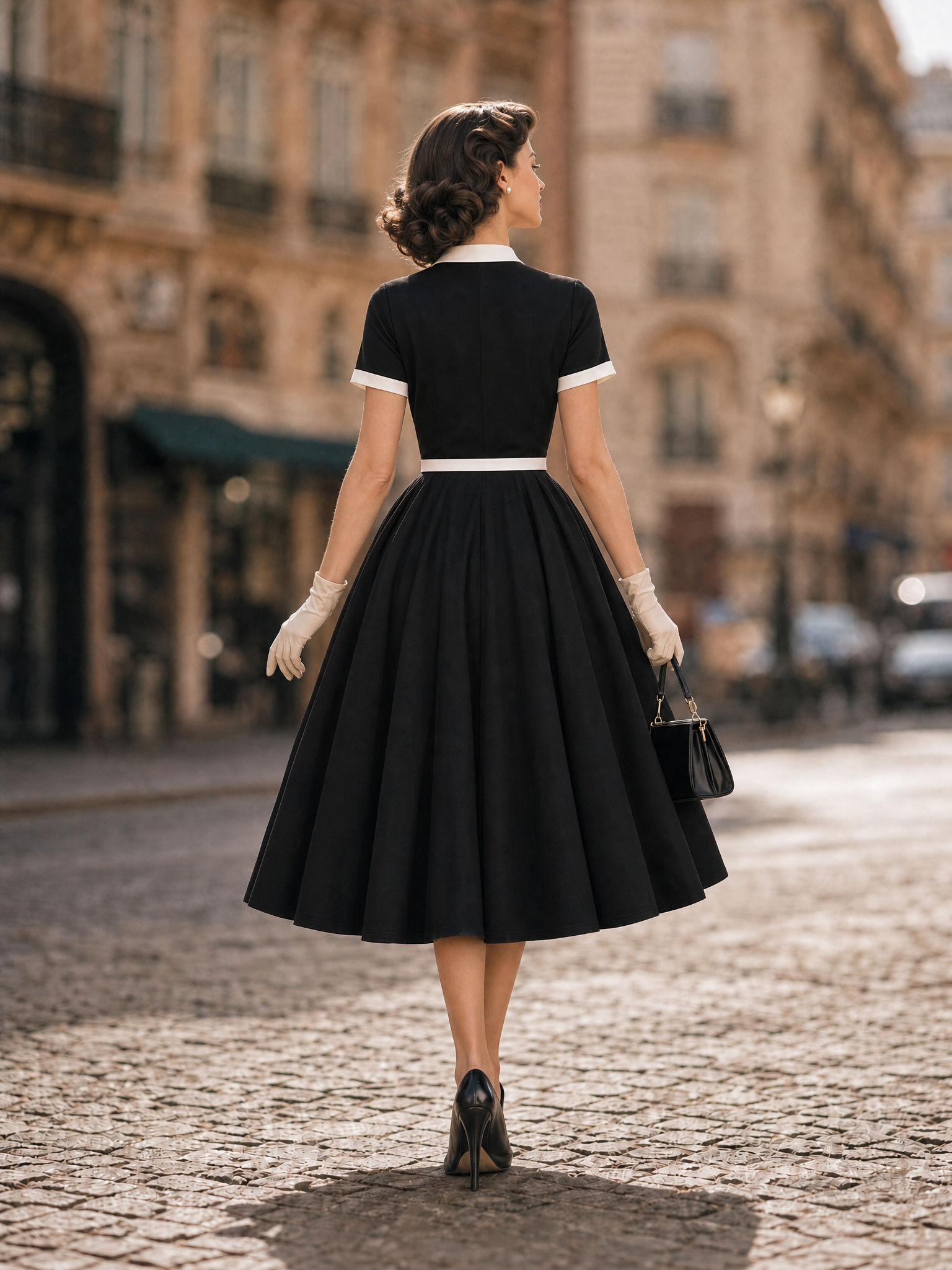 Vintage Black Bow-Tie Belted Fit-and-Flare Midi Dress