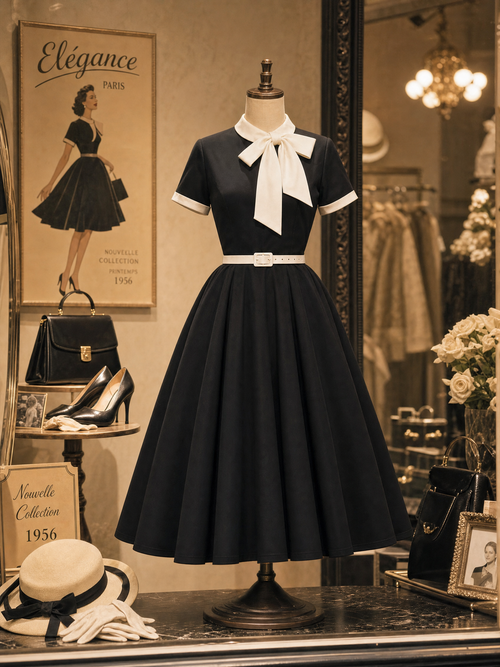 Vintage Black Bow-Tie Belted Fit-and-Flare Midi Dress