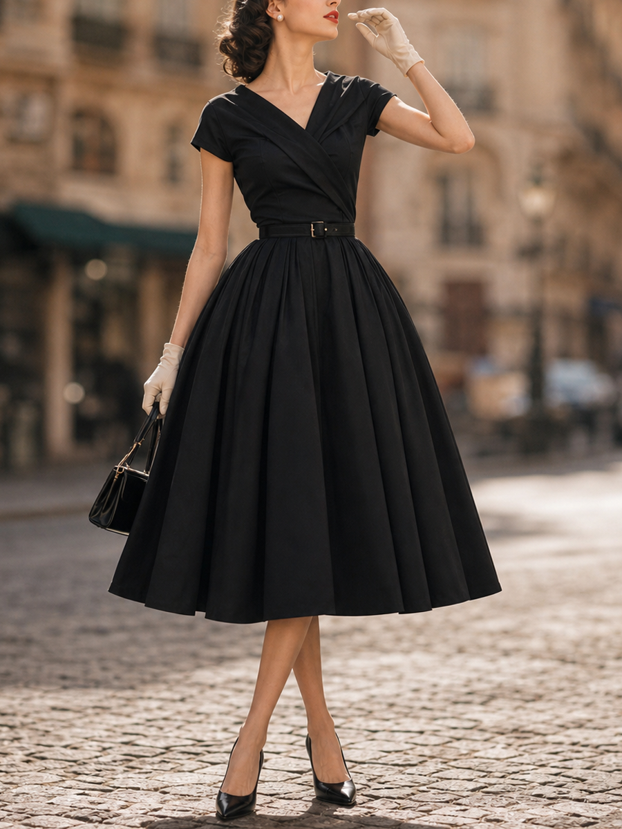 Vintage Black Surplice V-Neck Belted Fit-and-Flare Midi Dress