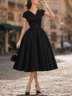 Vintage Black Surplice V-Neck Belted Fit-and-Flare Midi Dress