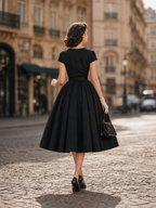 Vintage Black Surplice V-Neck Belted Fit-and-Flare Midi Dress