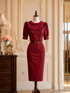 Vintage French Ruffle Neck Pencil Skirt Two Piece Set