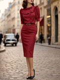 Vintage French Ruffle Neck Pencil Skirt Two Piece Set