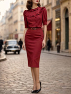 Vintage French Ruffle Neck Pencil Skirt Two Piece Set