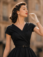 Vintage Black Surplice V-Neck Belted Fit-and-Flare Midi Dress