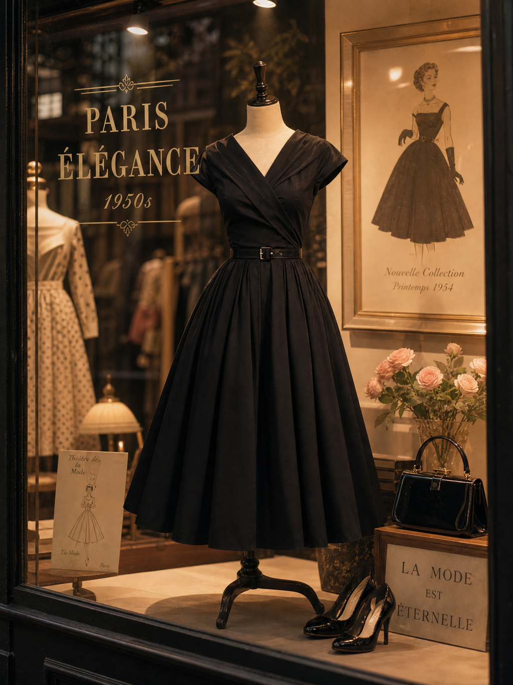 Vintage Black Surplice V-Neck Belted Fit-and-Flare Midi Dress