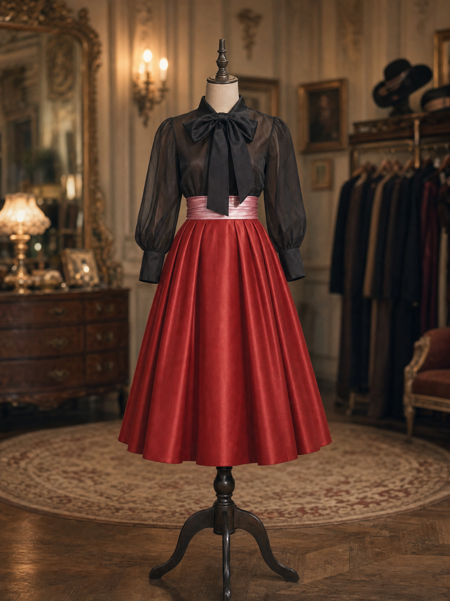 Vintage Elegant Hepburn Dress, Black Sheer Top Red Satin Dress