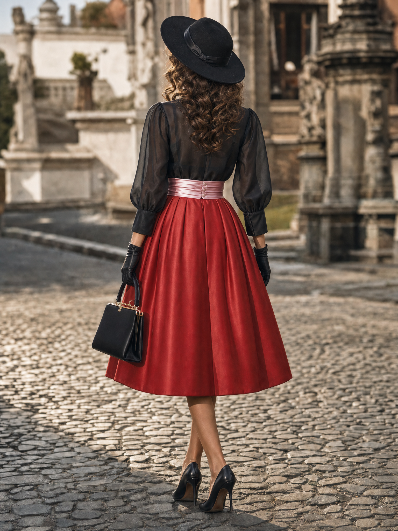 Vintage Elegant Hepburn Dress, Black Sheer Top Red Satin Dress