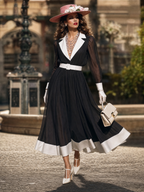 Vintage Hepburn Contrast Collar Dress Waist-Cinched Sheer Chiffon Midi Dress