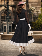 Vintage Hepburn Contrast Collar Dress Waist-Cinched Sheer Chiffon Midi Dress