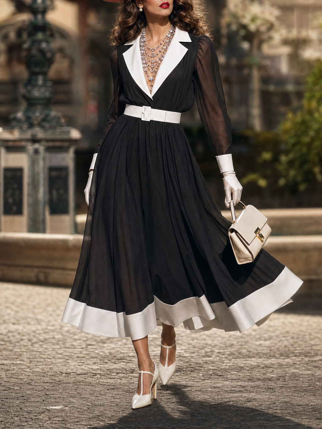 Vintage Hepburn Contrast Collar Dress Waist-Cinched Sheer Chiffon Midi Dress