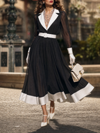 Vintage Hepburn Contrast Collar Dress Waist-Cinched Sheer Chiffon Midi Dress