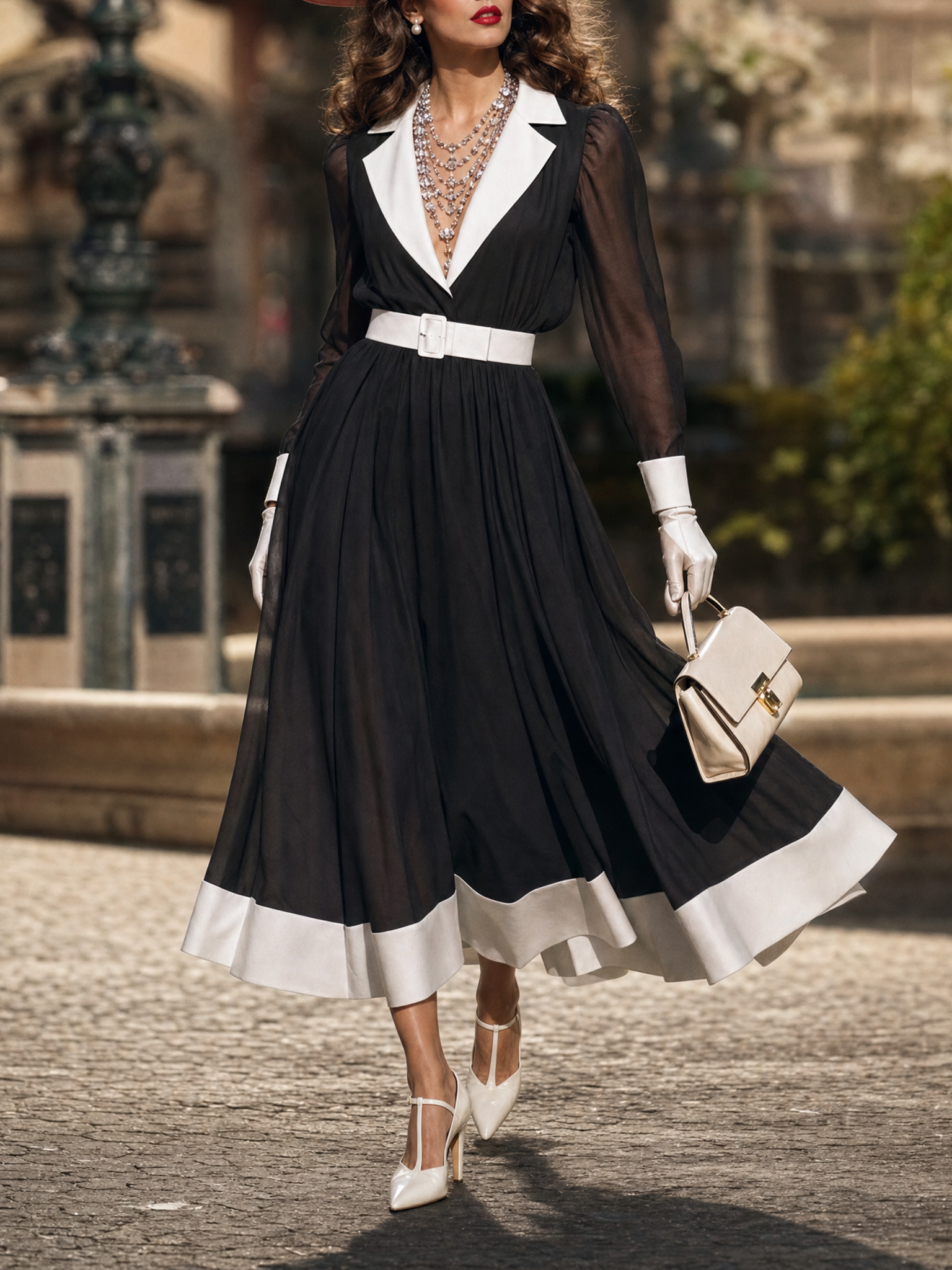 Vintage Hepburn Contrast Collar Dress Waist-Cinched Sheer Chiffon Midi Dress