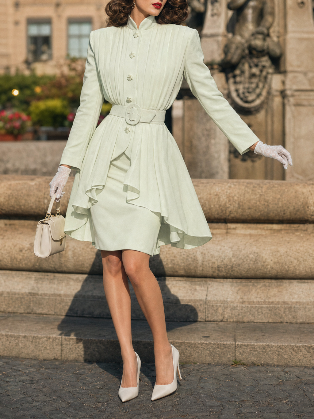 Vintage Hepburn Stand Collar Pleated Ruffle Coat & Pencil Skirt Set