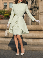Vintage Hepburn Stand Collar Pleated Ruffle Coat & Pencil Skirt Set