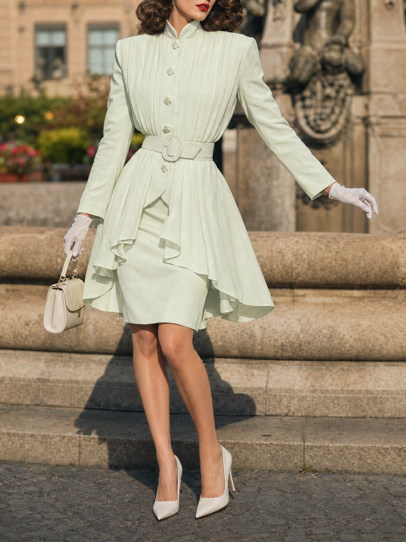 Vintage Hepburn Stand Collar Pleated Ruffle Coat & Pencil Skirt Set