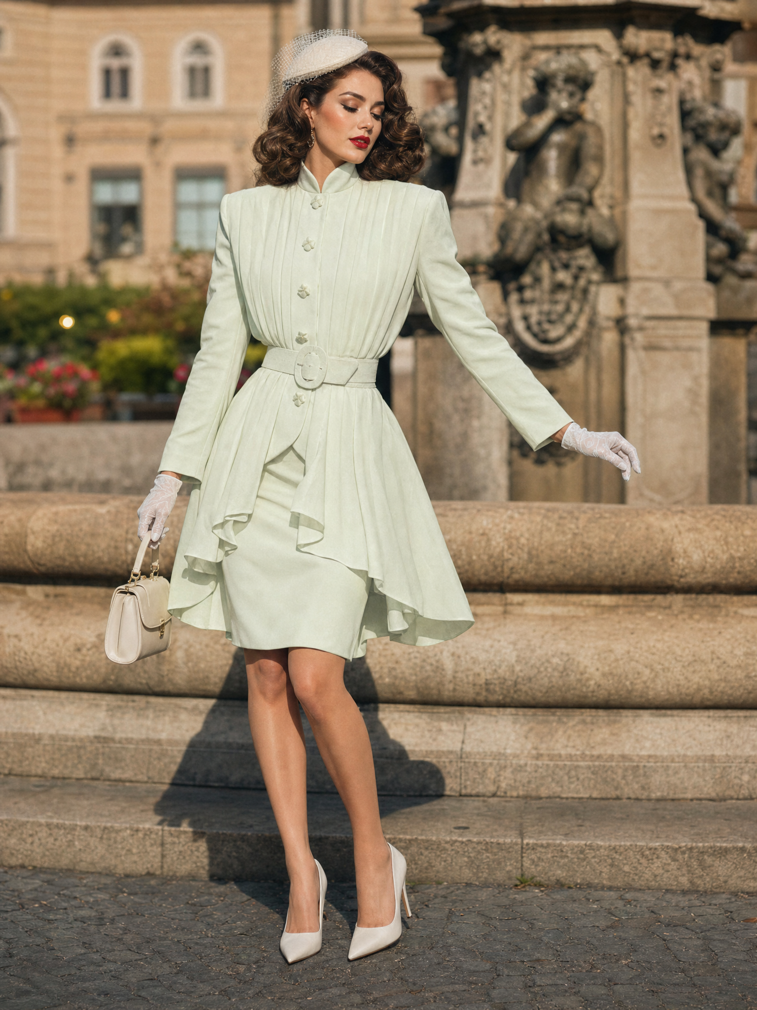 Vintage Hepburn Stand Collar Pleated Ruffle Coat & Pencil Skirt Set