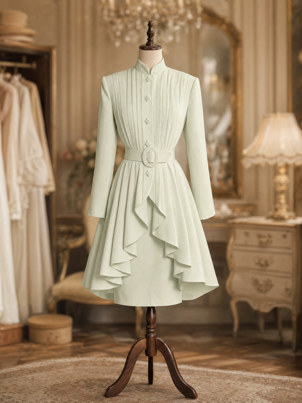 Vintage Hepburn Stand Collar Pleated Ruffle Coat & Pencil Skirt Set