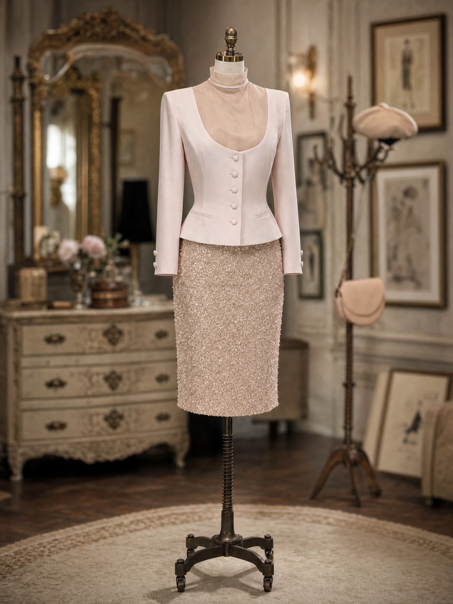 Vintage Hepburn Cropped Blazer Sequined Pencil Skirt Sets