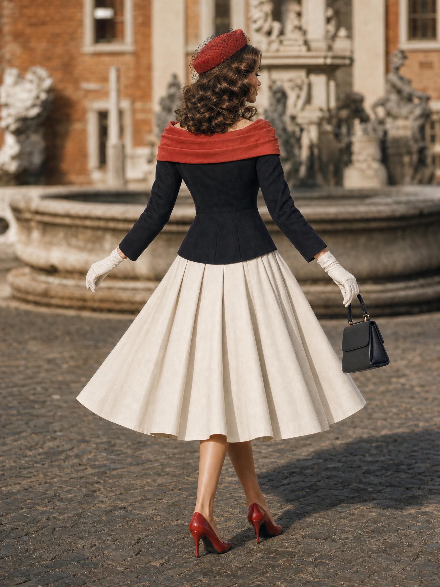 Vintage Off Shoulder Bow Contrast Color Dress Flared Midi Dress