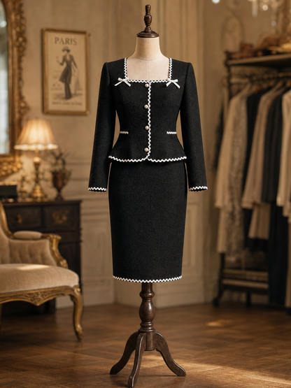 Vintage Tweed Suit Square Neck Contrast Ruffle Trim Pencil Skirt Set