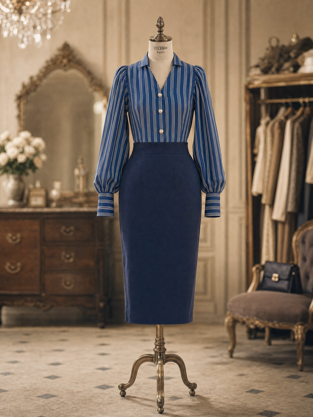 Vintage Hepburn Stripe Blouse Midi Bodycon Pencil Skirt Sets