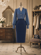 Vintage Hepburn Stripe Blouse Midi Bodycon Pencil Skirt Sets