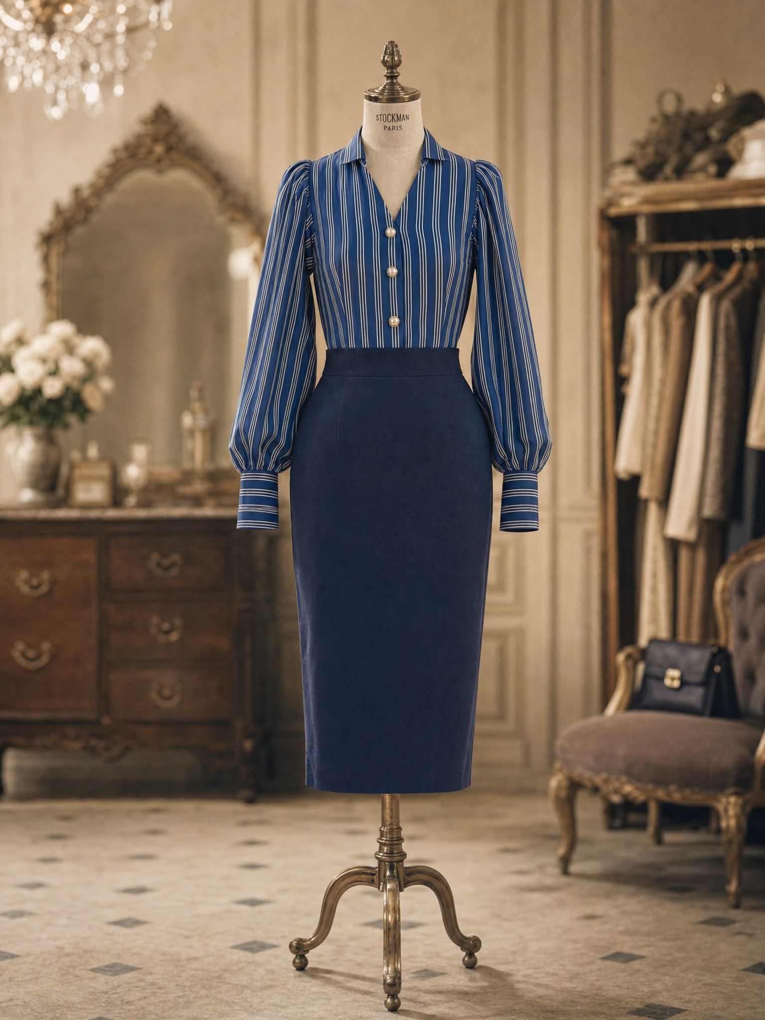 Vintage Hepburn Stripe Blouse Midi Bodycon Pencil Skirt Sets