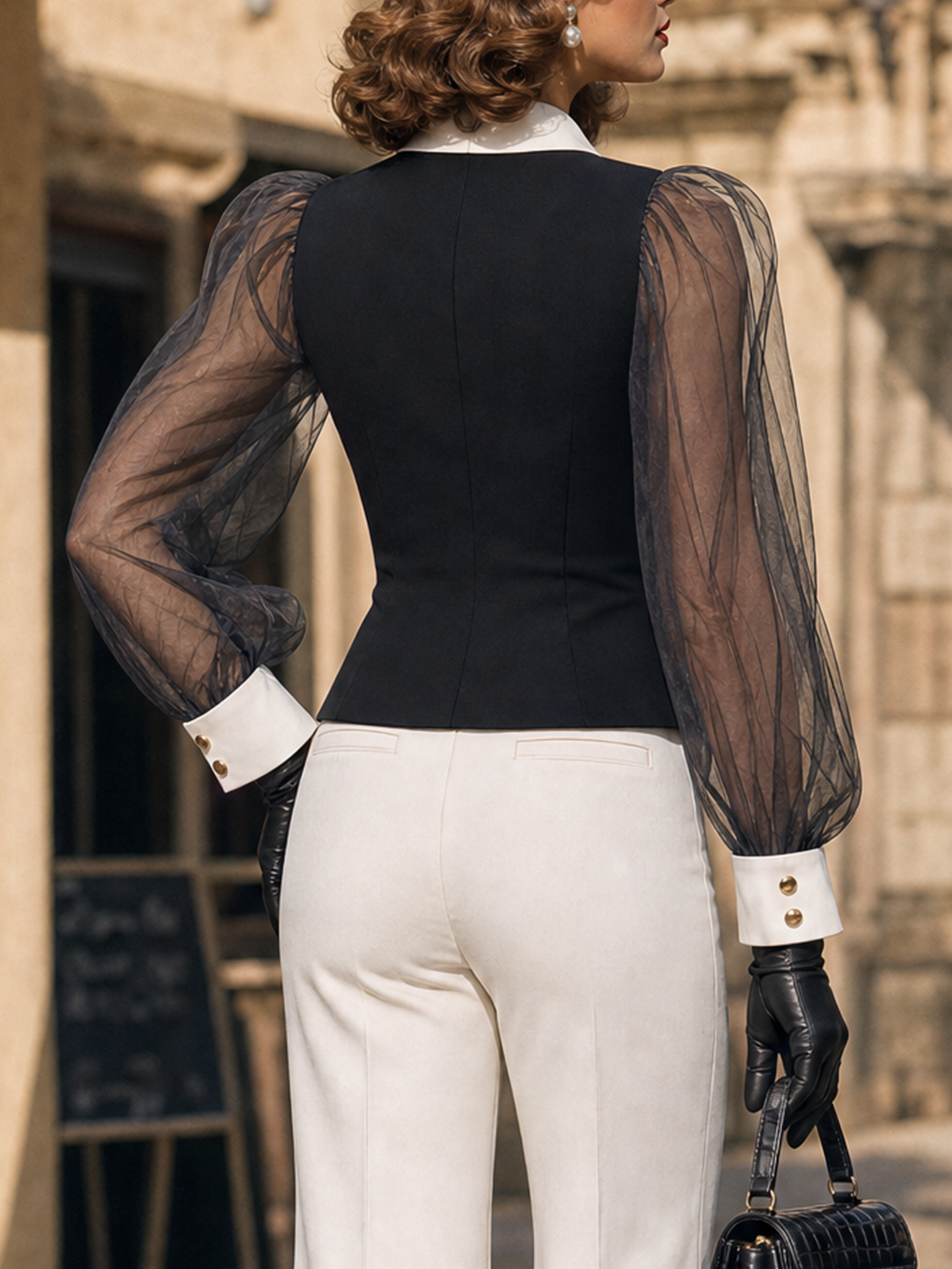 Vintage Hepburn Sheer Mesh Puff Sleeve Shirt, Waist Fit Gold Button Blouse