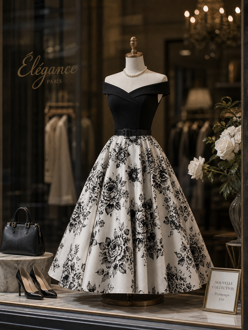 1950s Vintage Off-ShouldeRose Print Belted Fit-and-Flare Midi Dress