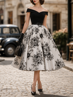 1950s Vintage Off-ShouldeRose Print Belted Fit-and-Flare Midi Dress
