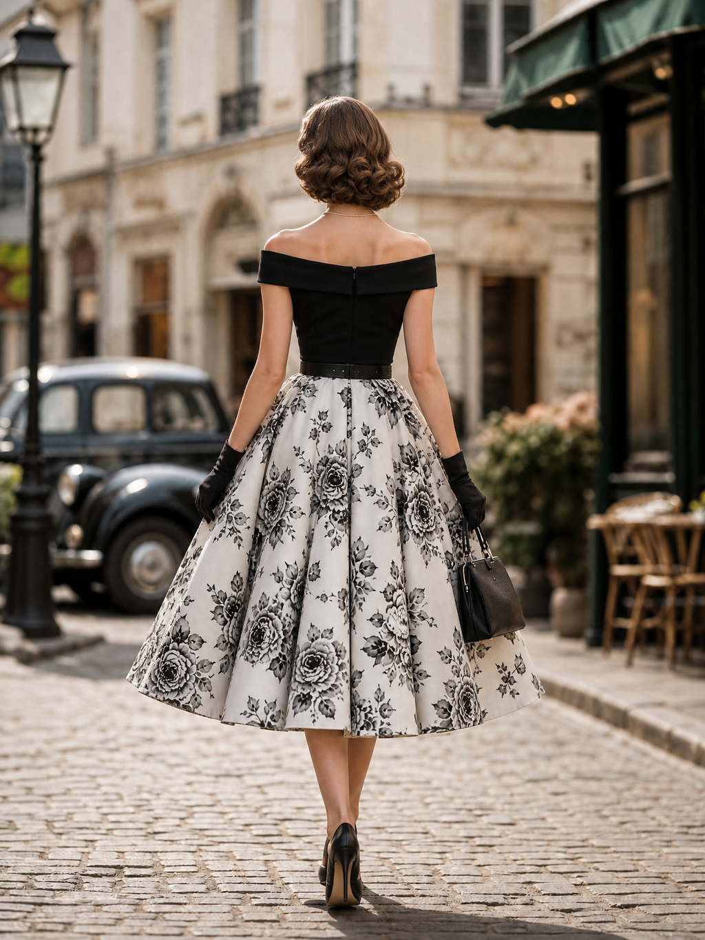 1950s Vintage Off-ShouldeRose Print Belted Fit-and-Flare Midi Dress