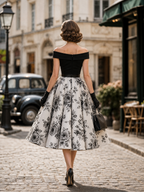1950s Vintage Off-ShouldeRose Print Belted Fit-and-Flare Midi Dress