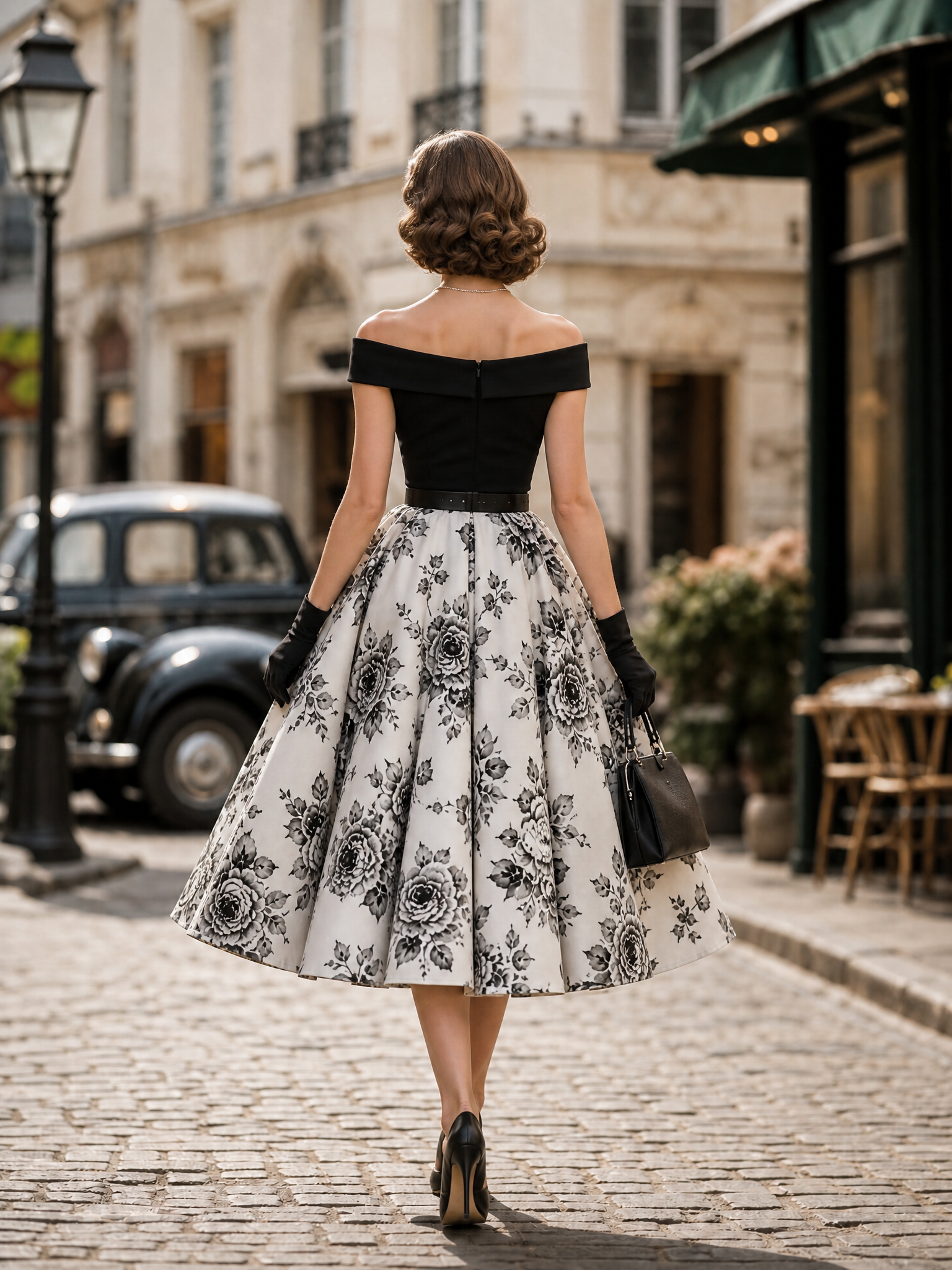 1950s Vintage Off-ShouldeRose Print Belted Fit-and-Flare Midi Dress