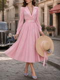 Vintage Pink Lapel-Collar Puff Long-Sleeve Belted Midi Dress