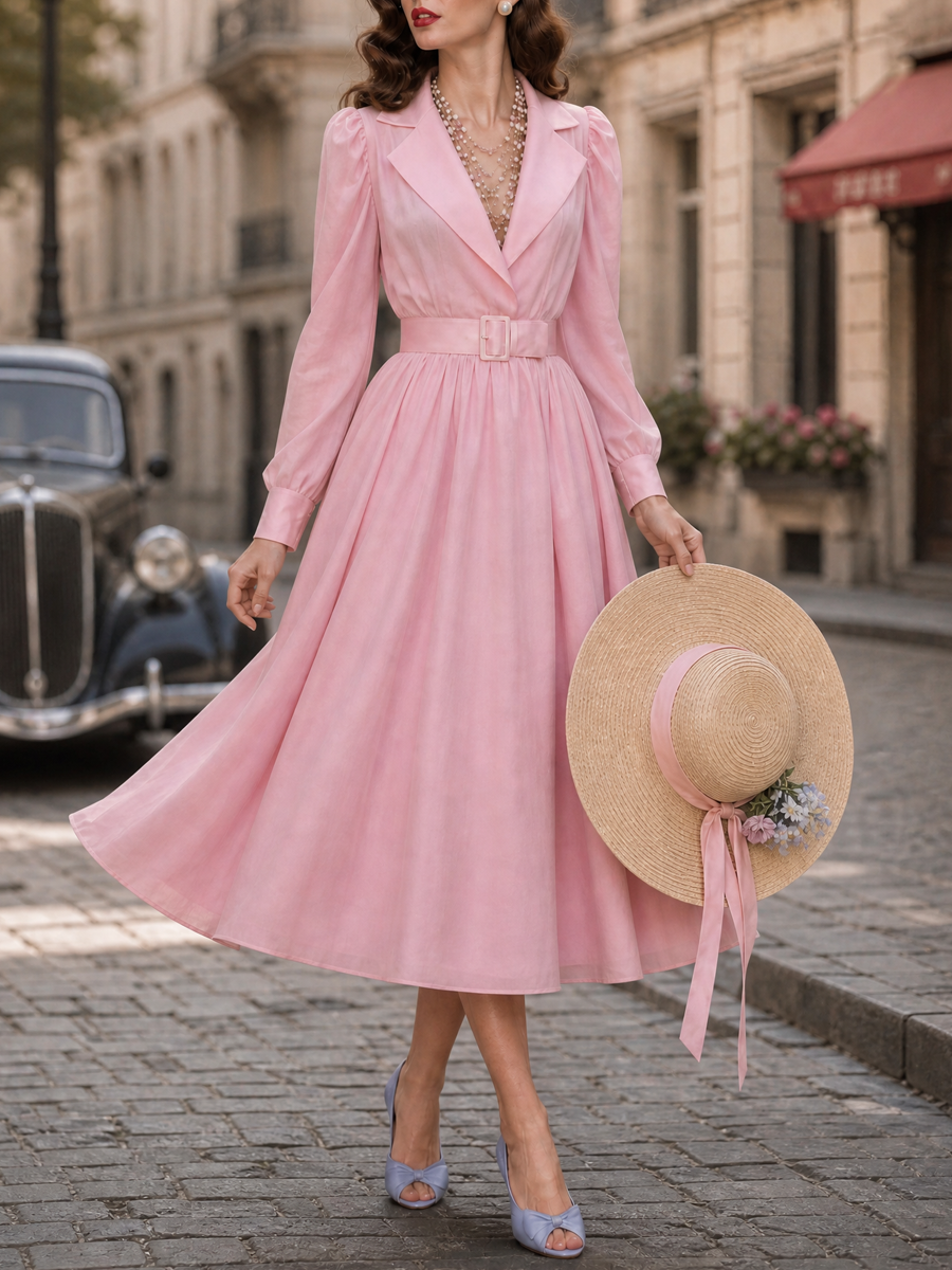 Vintage Pink Lapel-Collar Puff Long-Sleeve Belted Midi Dress