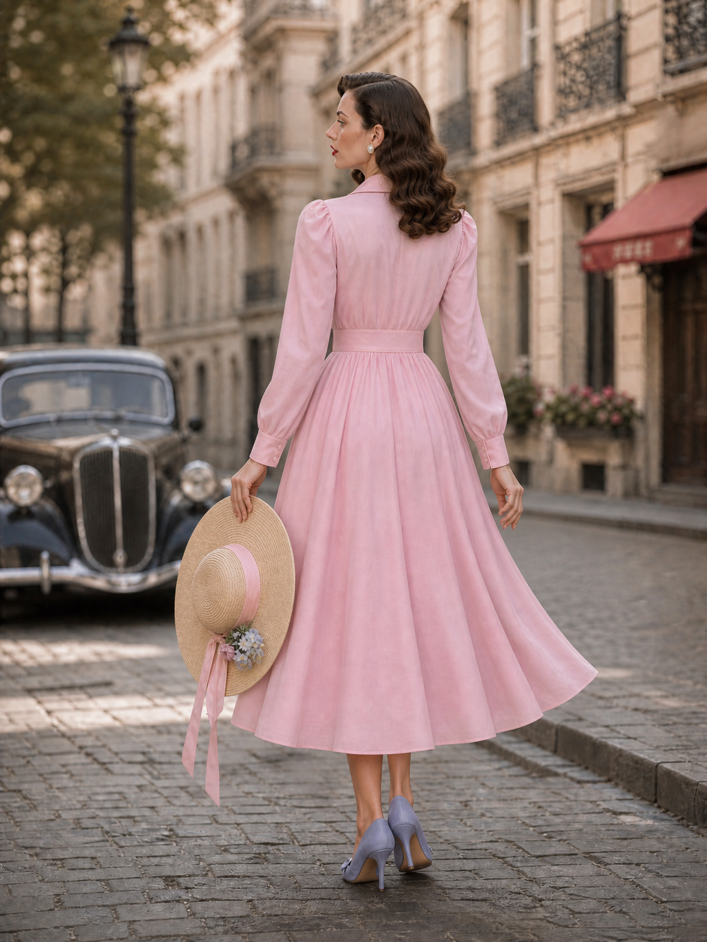 Vintage Pink Lapel-Collar Puff Long-Sleeve Belted Midi Dress