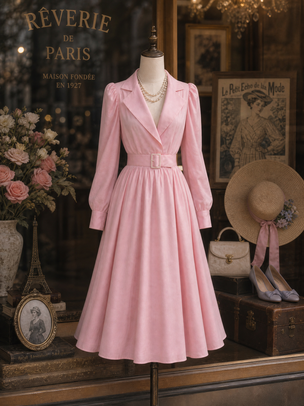 Vintage Pink Lapel-Collar Puff Long-Sleeve Belted Midi Dress