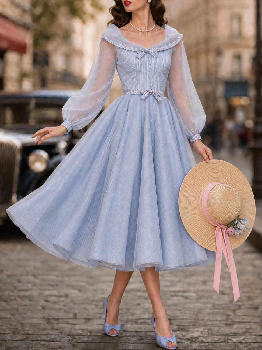 1950s Vintage Blue Portrait-Collar Belted Fit-and-Flare Midi Dress