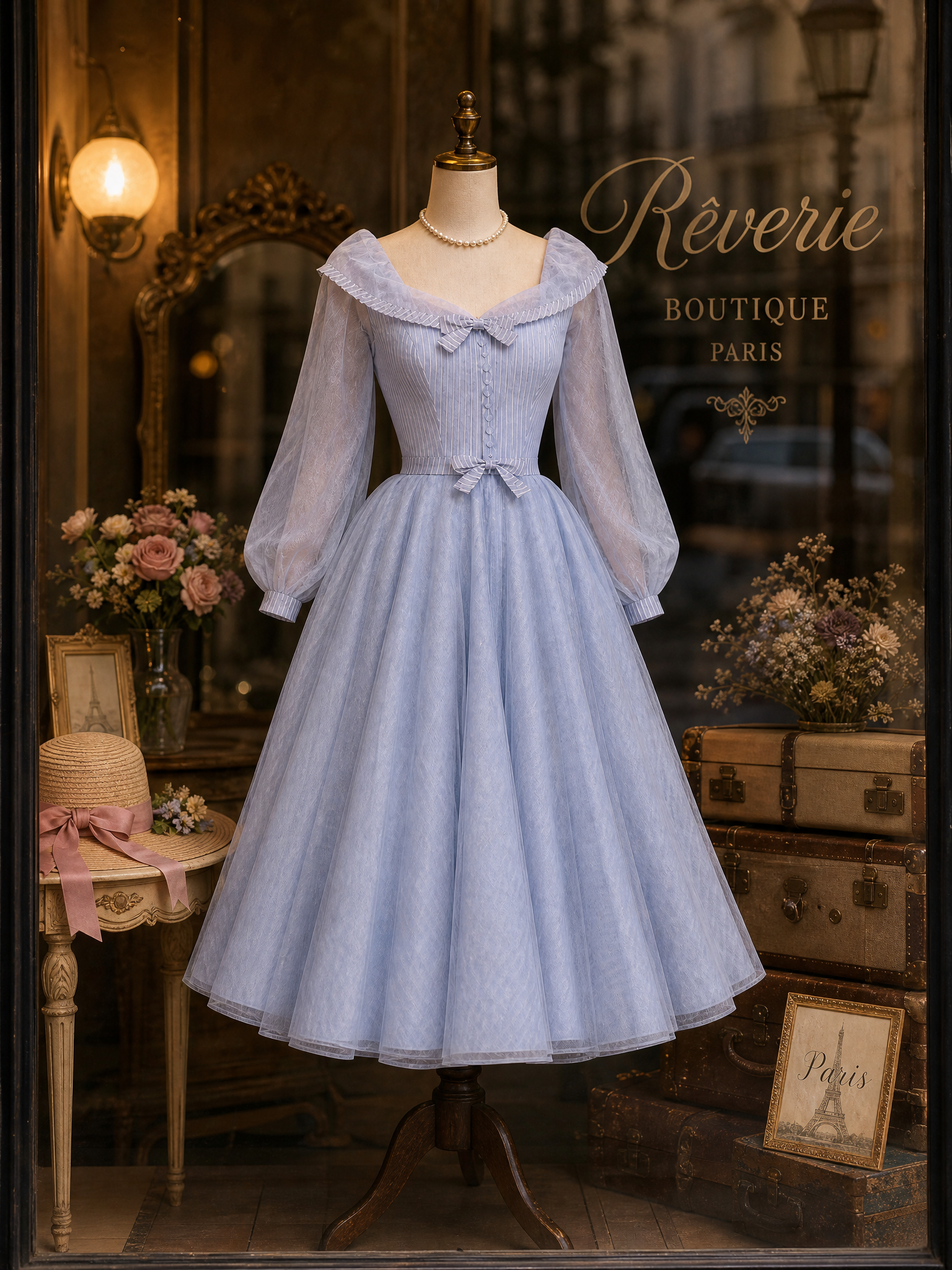 1950s Vintage Blue Portrait-Collar Belted Fit-and-Flare Midi Dress