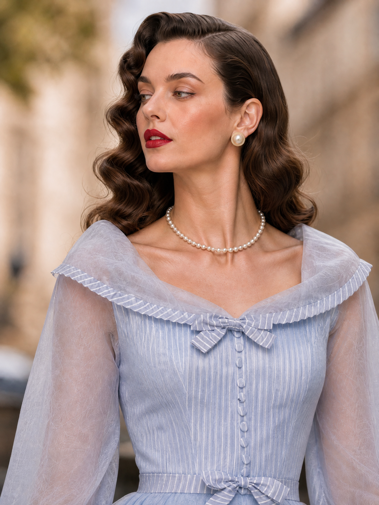 1950s Vintage Blue Portrait-Collar Belted Fit-and-Flare Midi Dress